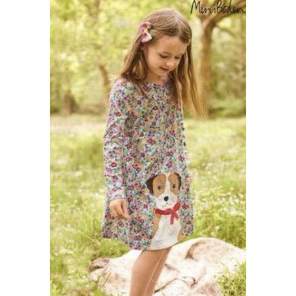 Mini Boden Dress Embroidered Dog Floral 5-6Y Cute School Pics Sweet Playtime